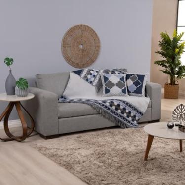 Imagem de Kit 5 Peças Xale para Sofá Manta Capa com Almofadas Cheias Decorativa Franja Dupla Face Confortável Luxo 1,35m na Cor Azul