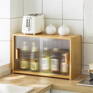 Imagem de Armário de armazenamento de bancada – Despensa de cozinha independente com 2 portas de vidro deslizantes, armário de exibição para cozinha e sala de estar, solução de armazenamento versátil