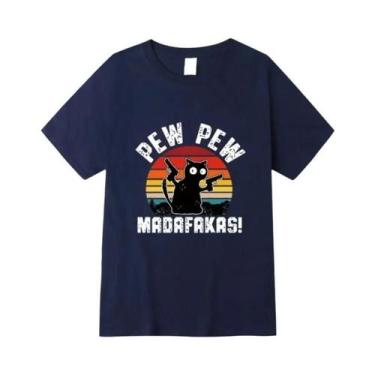 Imagem de Camiseta Masculina Casual De Verão Em Algodão Com Estampa De Gato Engr