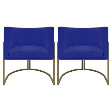 Imagem de Kit 2 Poltronas Recepção Luna Corino Cores Base De Ferro Champagne Azulroyal Corino