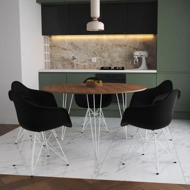 Imagem de Mesa Jantar Redonda 110Cm Amêndoa Clips 3 Pés Com 5 Poltronas Pretas Ferro Branco Marrom