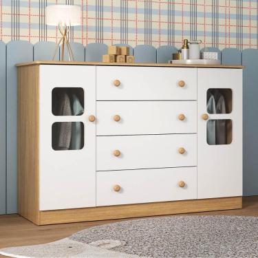 Imagem de Cômoda Infantil 125cm 2 Portas Com Vidro E 4 Gavetas Brisa Multimóveis MP4429 Madeirado/branco