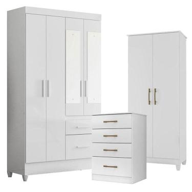 Imagem de Guarda Roupa Com Espelho Infantil Madri Com Cômoda Ms913 E Armário Multiuso Jade Branco Brilho - Moval