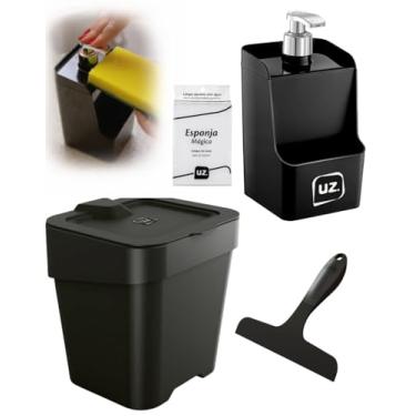 Imagem de KIt Dispenser de Detergente, Lixeira e Rodinho de Pia