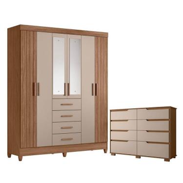 Imagem de Guarda Roupa Solteiro Aruba com Espelho e Cômoda Georgia 6 Portas 12 Gavetas MDP MDF 165 e 147 cm Fendi Moval