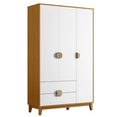 Imagem de Guarda Roupa Solteiro 3 Portas Ipê Cinamomo-Branco 2 Gavetas MDF Albatroz Móveis