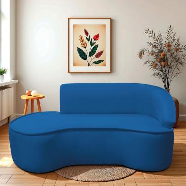 Imagem de Divã Recamier Curvo Sala De Estar Recepção Marrocos 180cm Lado Esquerdo Linho Azul Royal