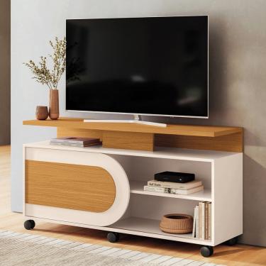 Imagem de Rack Para Sala de Estar TV 55 Pol Com Rodízios Batel B01 Cinamomo Off White - Lyam Decor
