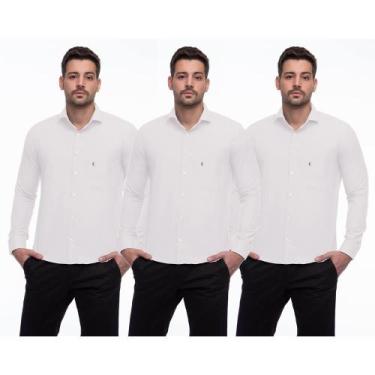 Imagem de Camisa Social Masculina Manga Longa Lisa Botões Kit 3 Branco/Preto GG 