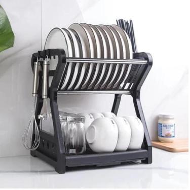 Imagem de Escorredor De Louça Cozinha Prato Duplo Porta Talheres Preto Organizaç