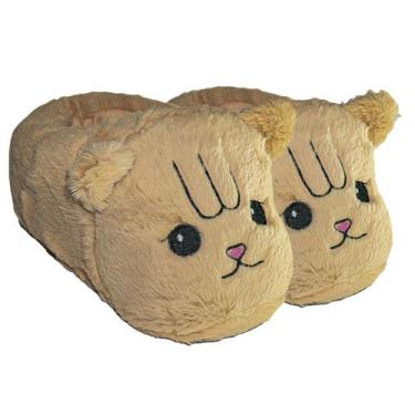 Imagem de Pantufa Gato Bege Unissex Pelúcia Inverno Quentinha Solado Borracha - 