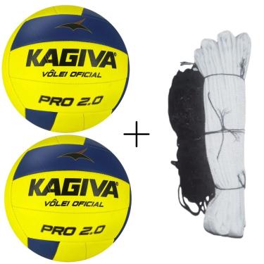 Imagem de Kit de Vôlei com 2 Bolas 2.0 Pro Costuradas e Rede Master Seda 5m Amarelo e Preto Kagiva