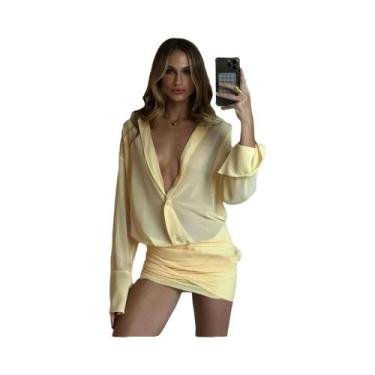 Imagem de Vestido Feminino Transparente Com Drapeado E Bandagem, Patchwork, Mang