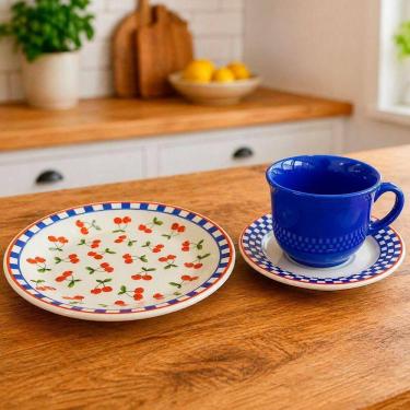 Imagem de Jogo de Café e Lanche Jardim de Cerejas Cerâmica 12 Peças Azul Donna