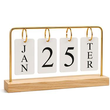 Imagem de Calendário Permanente de Mesa Yeet Madeira e Metal Aramado Dourado 26,9CM