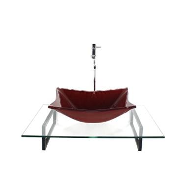 Imagem de KIT CUBA DE VIDRO RETANGULAR VERMELHO CEREJA COM TAMPO 60CM INCOLOR E SUPORTE TORNEIRA VALVULA