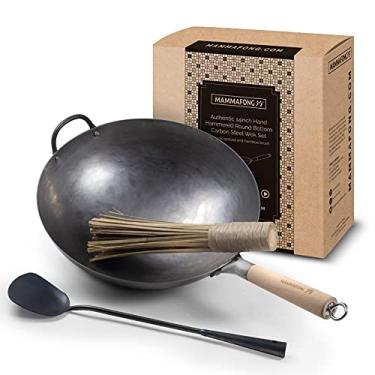 Imagem de Mammafong Conjunto Pow Wok tradicional de aço carbono martelado à mão com espátula wok e escova de bambu (conjunto wok de 35,5 cm com acessórios wok)