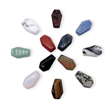 Imagem de XMHOME Conjunto de pingente de pedras preciosas esculpidas em forma de caixão pedras preciosas sortidas realmente soltas 30 x 19 mm pedras planas para fazer joias cristal de cura a granel 12 peças