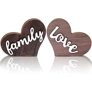 Imagem de Jetec 2 Peças Placa de Madeira em Formato de Coração com Coração de Família, Decoração de Madeira Rústica, Placa de Mesa de Coração de Madeira para Decoração de Casa Cozinha Sala de Estar, Quarto, Escritório