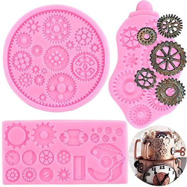 Imagem de Mujiang Molde de silicone para fondant Steampunk Gear para decoração de bolos Sugarcraft chocolate doce polímero argila conjunto de 3