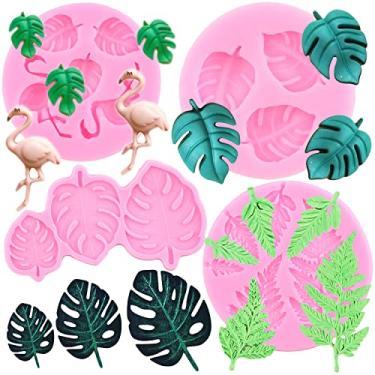 Imagem de ZiXiang Molde de silicone de folha tropical de flamingo samambaia folhas de monstera moldes de fondant para decoração de bolo chocolate resina polímero argila conjunto de 4