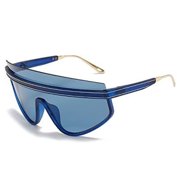 Imagem de Óculos de sol de luxo com escudo de uma peça para mulheres vintage tamanho grande meia armação com listras óculos de sol masculinos tons pretos, azul azul, tamanho único