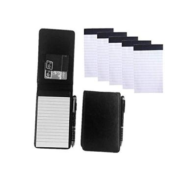 Imagem de Mini suporte de bloco de notas de bolso incluído com caneta de metal e 50 folhas forradas, recarregável, com refis de notebook, recargas de livro de lembretes, pacote com 5 almofadas de escrita de tamanho de 7,6 x 12,7 cm com 30 papel forrado por bloco de notas (preto)