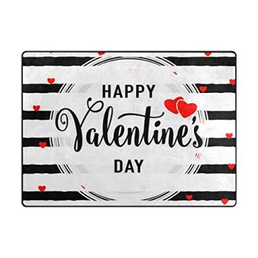 Imagem de ALAZA My Daily Happy Valentine's Day coração preto branco listrado tapete de área 1,77 m x 1,88 m, sala de estar, quarto, cozinha, tapete impresso, leve