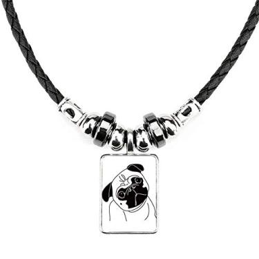 Imagem de DIYthinker Colar preto com estampa de ilustração de cachorro de desenho animado joia Torque pingente de corda de couro