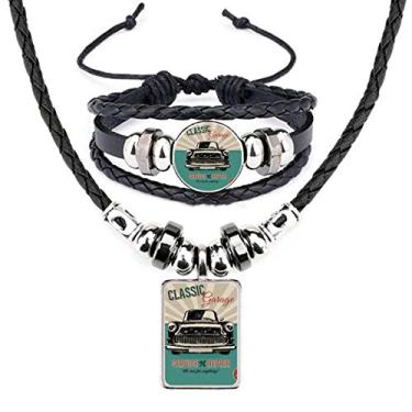 Imagem de Conjunto de joias de couro preto clássico com estampa de reparo de carros