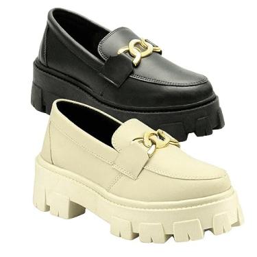 Imagem de Kit 2 Pares Mocassim Blogueira Feminino Tratorado Com Solado Alto Leve Sapato GuGi Plataforma Com Metal Dourado 403-GG (Marfim e Preto, 35)