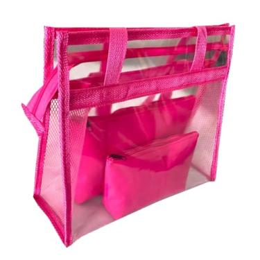Imagem de Bolsa feminina praia sacola transparente 2 necessaires rosa