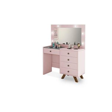 Imagem de Penteadeira Camarim Rosa Luna 5 Gavetas Led Espelho Pés madeira