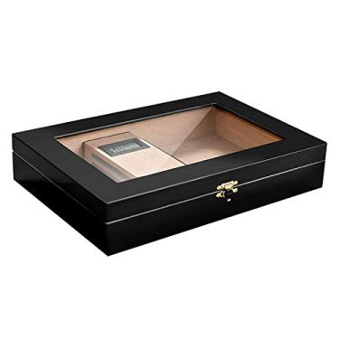Imagem de Pequeno Moderna caixa de charutos umidor de mesa com tampo de vidro caixa de charutos com higrômetro umidificador forrado de madeira caixa de armazenamento de charutos Feito à mão