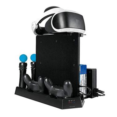 Imagem de Suporte de carregamento múltiplo 3 em 1 com 2 ventiladores de refrigeração para PRO/PS4 Slim/PS VR, carregador de estação de ancoragem para controle PS4, compartimento para