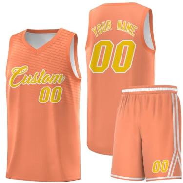 Imagem de Camiseta personalizada de basquete Jersey uniforme atlético hip hop impressão personalizada número de nome para homens jovens, Laranja e amarelo-18, One Size