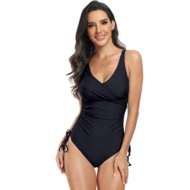 Imagem de Eforcase Maiô feminino de cintura alta, gola V, controle de barriga, amarrado na lateral, roupa de banho atlética, Preto, GG