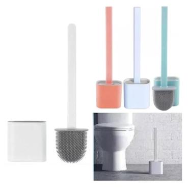 Imagem de kit 2 Escova Vaso Sanitário De Silicone FLEX com Base Para Banheiro LIMPAR PRIVADA 35CM s/furos cores vassourinha limpeza multiuso escovinha quadrada com suporte E ADESIVO (AZUL)