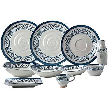 Imagem de Conjuntos de louça de porcelana, conjunto de 28 peças de cerâmica | Conjuntos de tigelas de cereais e pratos de bife com linhas azuis e brancas