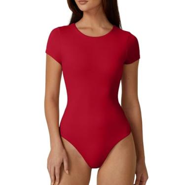 Imagem de QINSEN Body feminino de manga curta com gola redonda e forro duplo, camiseta básica, Vermelho flamejante, PP