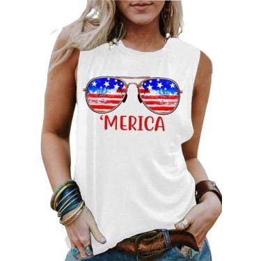 Imagem de Camiseta regata feminina com estampa de óculos de sol com bandeira americana, casual, sem mangas, 4 de julho, Branco 4, G
