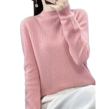 Imagem de Suéteres para mulheres suéter de lã semi-gola alta manga comprida pulôver suéter solto com gola redonda (Color : Pink, 32-33, 3435, 36-37, 38-39, 40-41, 42-43, 44-45, 46-47 : S)
