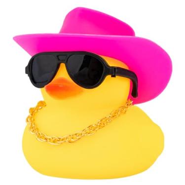 Imagem de wonuu Ornamentos de carro de pato de borracha decorações de painel de carro de pato amarelo com capacete de hélice para decoração de Natal e decorações de casa para adultos, Z - chapéu de cowboy rosa