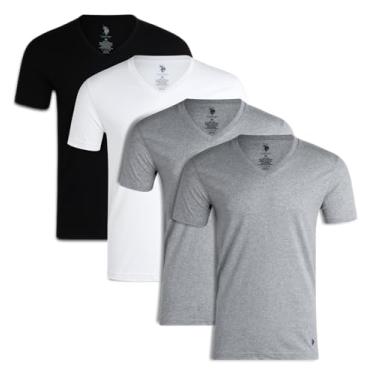 Imagem de U.S. Polo Assn. Camiseta masculina – Pacote com 4 camisetas de manga curta com gola V, Preto/cinza mesclado/branco, GG