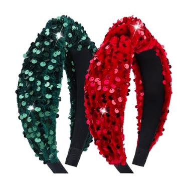 Imagem de Lanmerry Bandanas brilhantes com nó para mulheres e meninas, acessórios de cabelo com lantejoulas, faixa larga de veludo, faixas de cabelo vermelhas e verdes, glitter, presentes para meninas, 2 peças