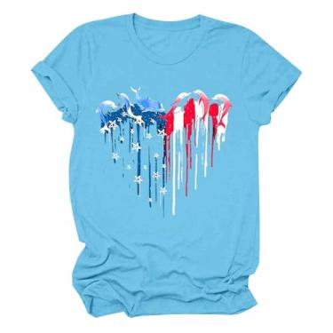 Imagem de Camiseta feminina com bandeira americana Dia da Independência Patriótica 4th of July Heart Graphic Tees Shirts Star Stripe Tops, Azul-celeste, G
