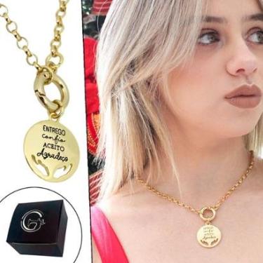 Imagem de Colar Corrente Elo Português Medalha Entrego Confio Aceito Agradeço Banhado a Ouro - NE-Unissex
