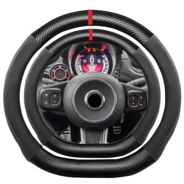 Imagem de K LAKEY Capa de volante de fibra de carbono em camurça em forma de D, compatível com Abarth 595 595C 695 695C 38.1 cm de fundo plano macio camurça touch couro esportivo antiderrapante acessórios