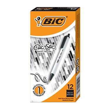 Imagem de BIC Canetas esferográficas retráteis Clic Stic pretas, ponta média (1,0 mm), pacote com 12 unidades, design de barril redondo para escrita confortável