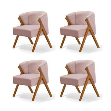Imagem de Kit 4 Poltronas Luxo Moderna Luna Pés em Madeira Maciça Veludo Rosê - 